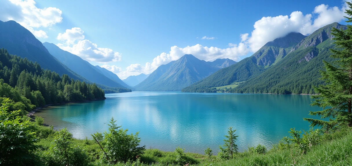 Serene natural landscape with lush greenery and clear water, conveying peace and purity.