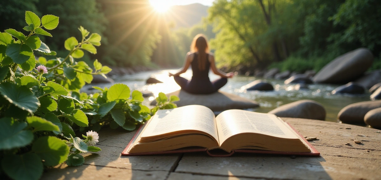 Open book with natural elements and a person meditating in nature, symbolizing knowledge, wellness, and natural living.