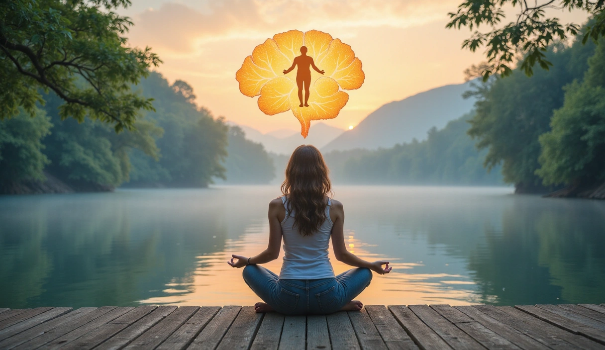 A serene image depicting a person meditating with abstract representations of mind, body, and spirit intertwined, set against a peaceful natural background.
