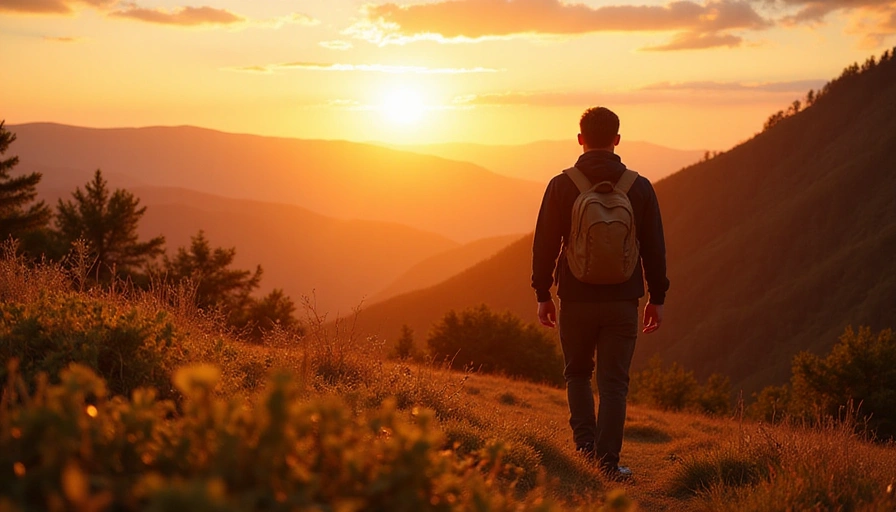 A person enjoying a peaceful sunset hike, symbolizing connection with nature and spiritual well-being.
