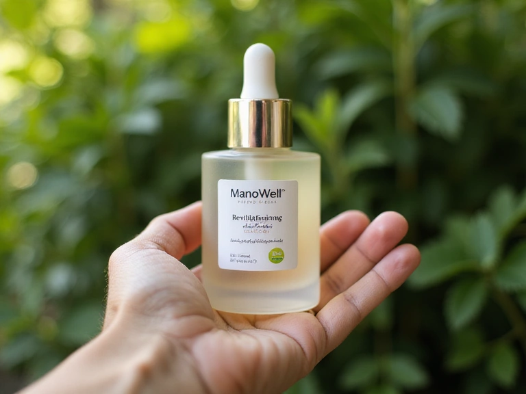 A close-up of a hand gently holding the ManoWell Revitalizing Elixir bottle, with soft, natural light highlighting the product. Background is blurred greenery, suggesting natural origin.