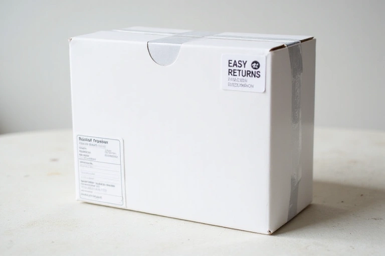A neatly packaged product box with a return label, indicating a smooth return process.