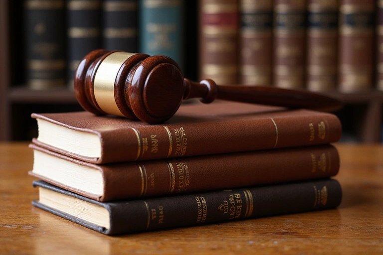 A gavel and law books on a wooden desk, symbolizing legal terms and governing law.