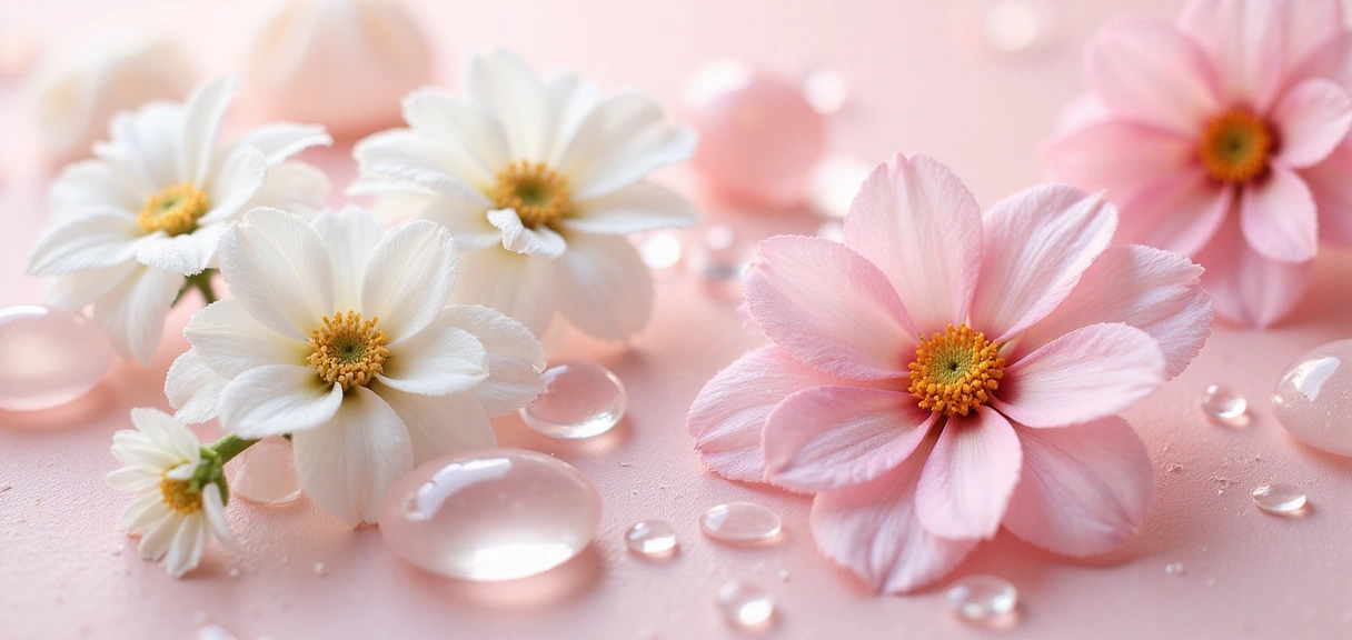 Soft, luxurious image of natural skincare ingredients like delicate flowers, water droplets, or smooth textures, conveying elegance and natural beauty.